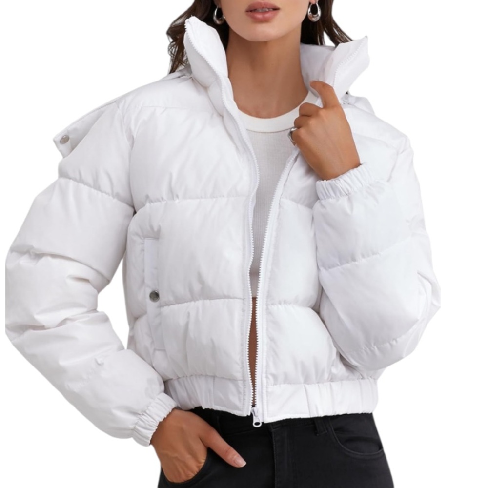 NEW! Cropped Puffer Jacket Stand Collar Waterproof Hooded Lightweight Large